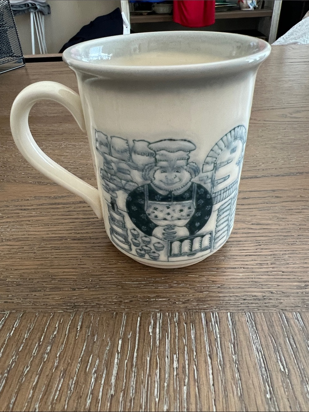Biltons Cream Ceramic Stoneware Mug with Etched Blue Gray Bakery Scene.